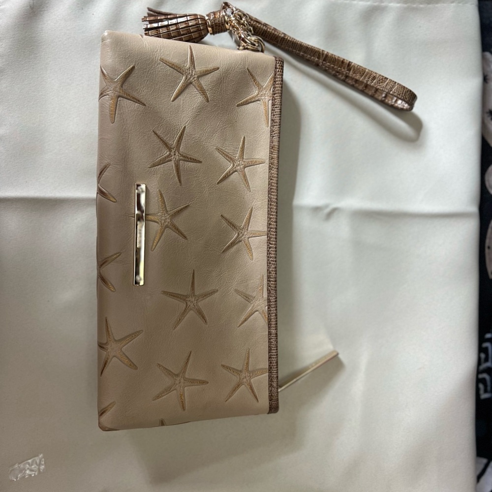 Brahmin Taupe Starfish Embossed Wristlet Clutch